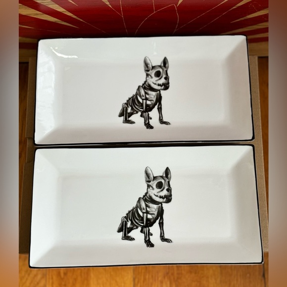 RARE Set of (2) Wicked Ciroa French Bulldog Porcelain Skeleton Platter Plates - Picture 2 of 4